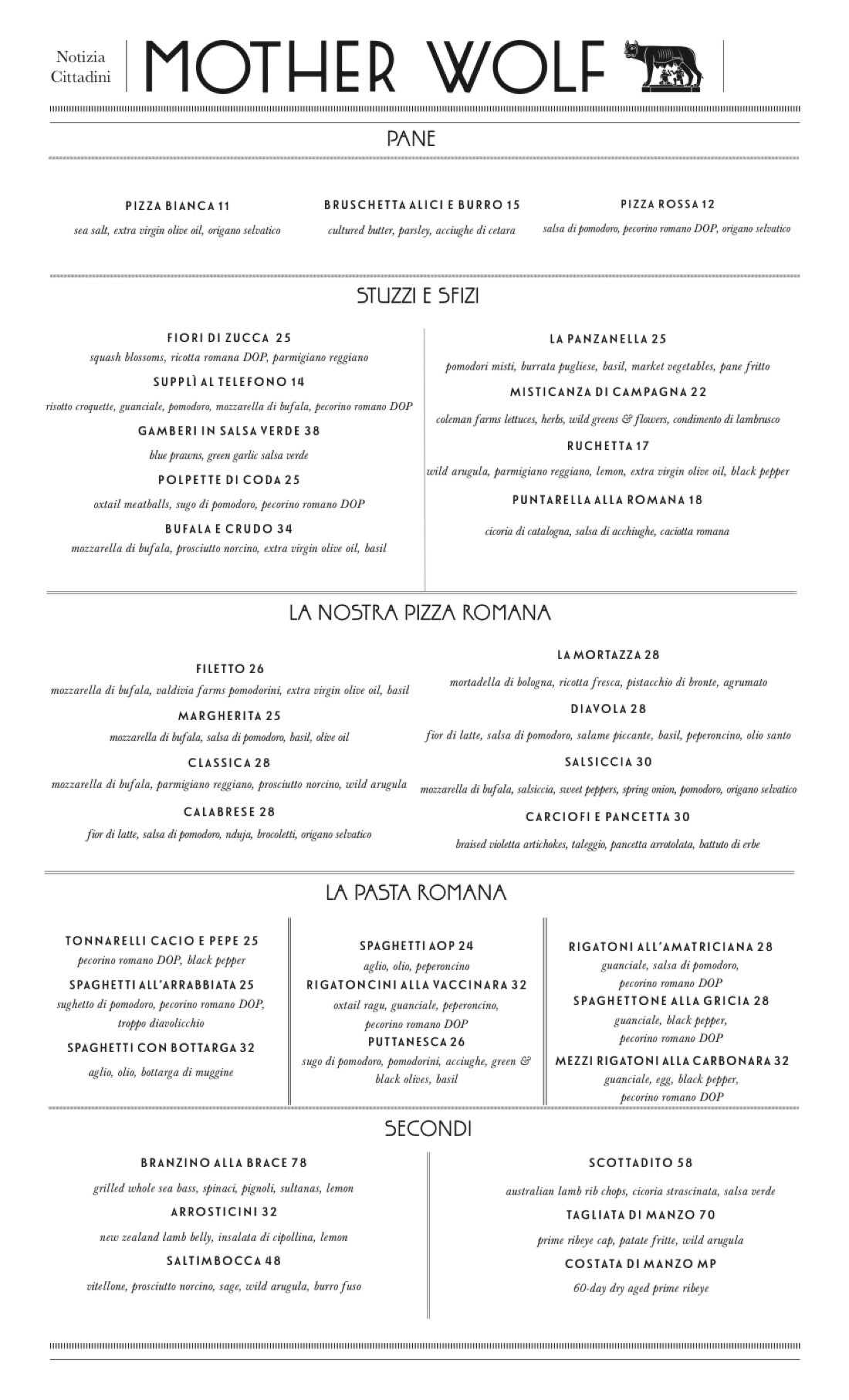 Mother Wolf Hollywood dinner menu