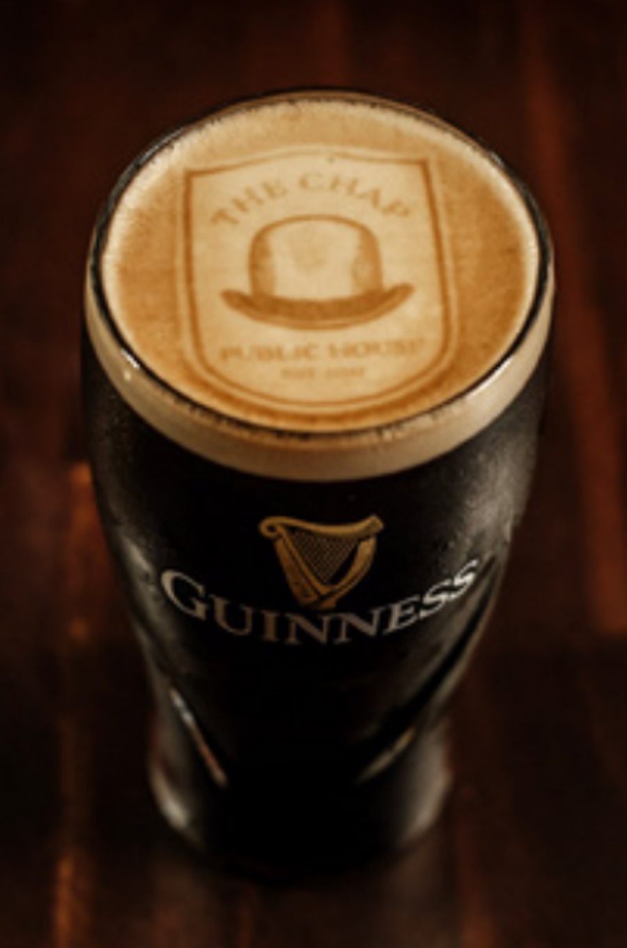 The Chap crest in Guinness foam